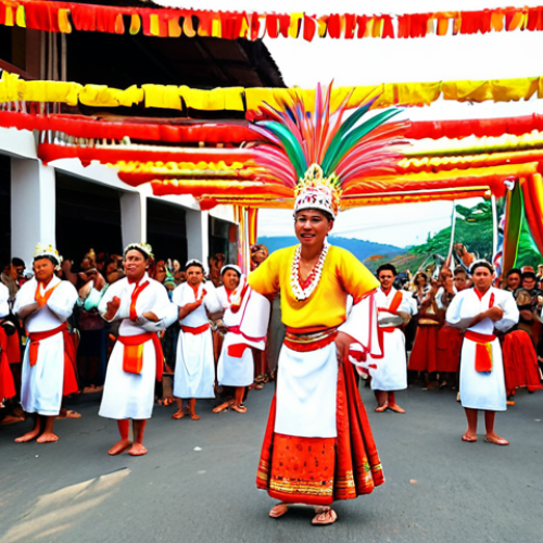 Home 4 **A vibrant scene depicting the Subli festival in Batangas City during May. Show traditional dancers in Barong Tagalog and Baro't Saya performing the Subli dance in honor of Saint Santiago. Include colorful decorations and a lively crowd.**