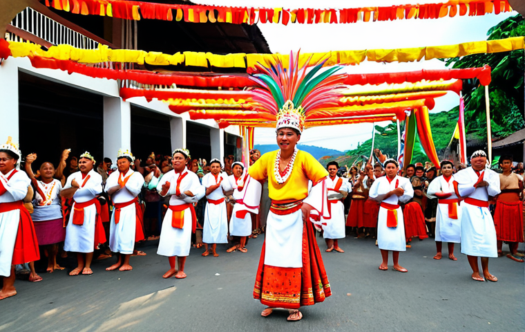 **A vibrant scene depicting the Subli festival in Batangas City during May. Show traditional dancers in Barong Tagalog and Baro't Saya performing the Subli dance in honor of Saint Santiago. Include colorful decorations and a lively crowd.**